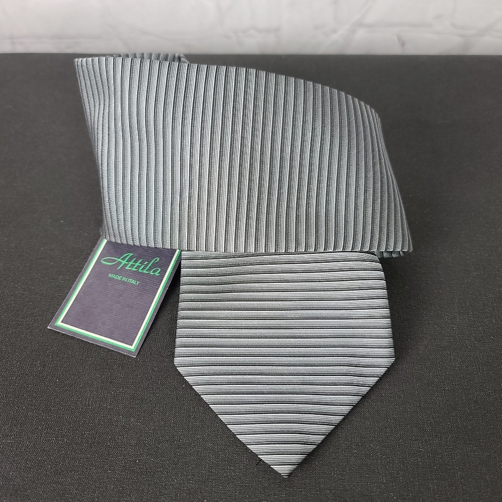 Attila  Silk Tie. Striped Blacks,Grays, and Silver